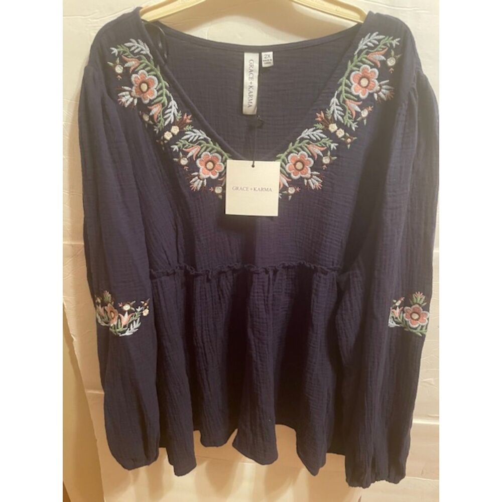 New Grace & Karma Navy Blue Embroidered Gauze Peasant Blouse 2 X